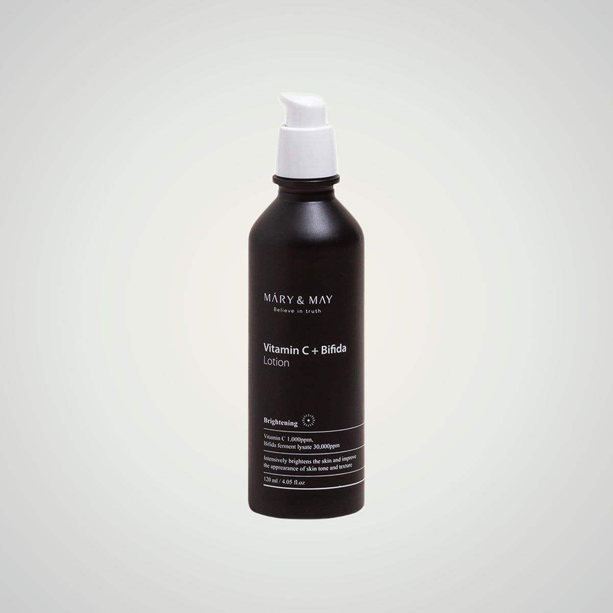 MARY & MAY Vitamin C+Bifida Lotion 120ml on a soft neutral background.