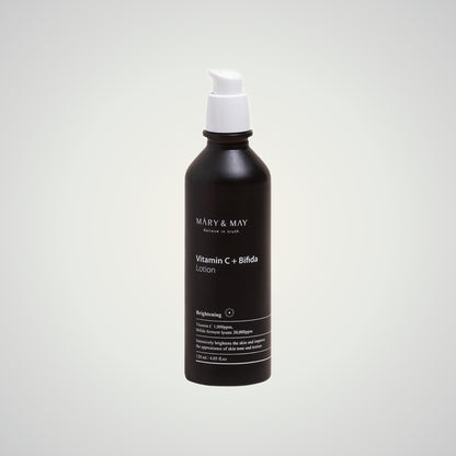 MARY & MAY Vitamin C+Bifida Lotion 120ml on a soft neutral background.