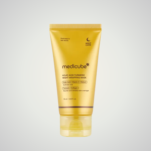 Front view of medicube Kojic Acid Turmeric Night Wrapping Mask 75ml for brightening care.