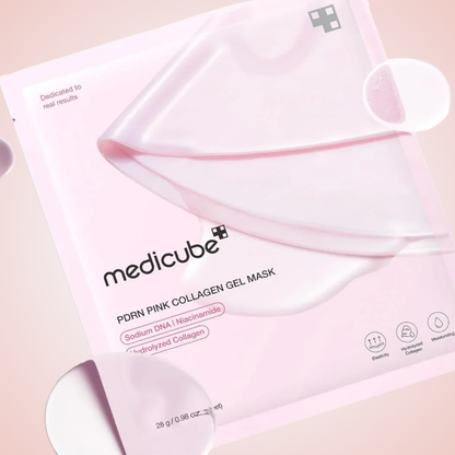 Close-up of Medicube PDRN Pink Collagen Gel Mask packaging – collagen-rich sheet mask for youthful skin.