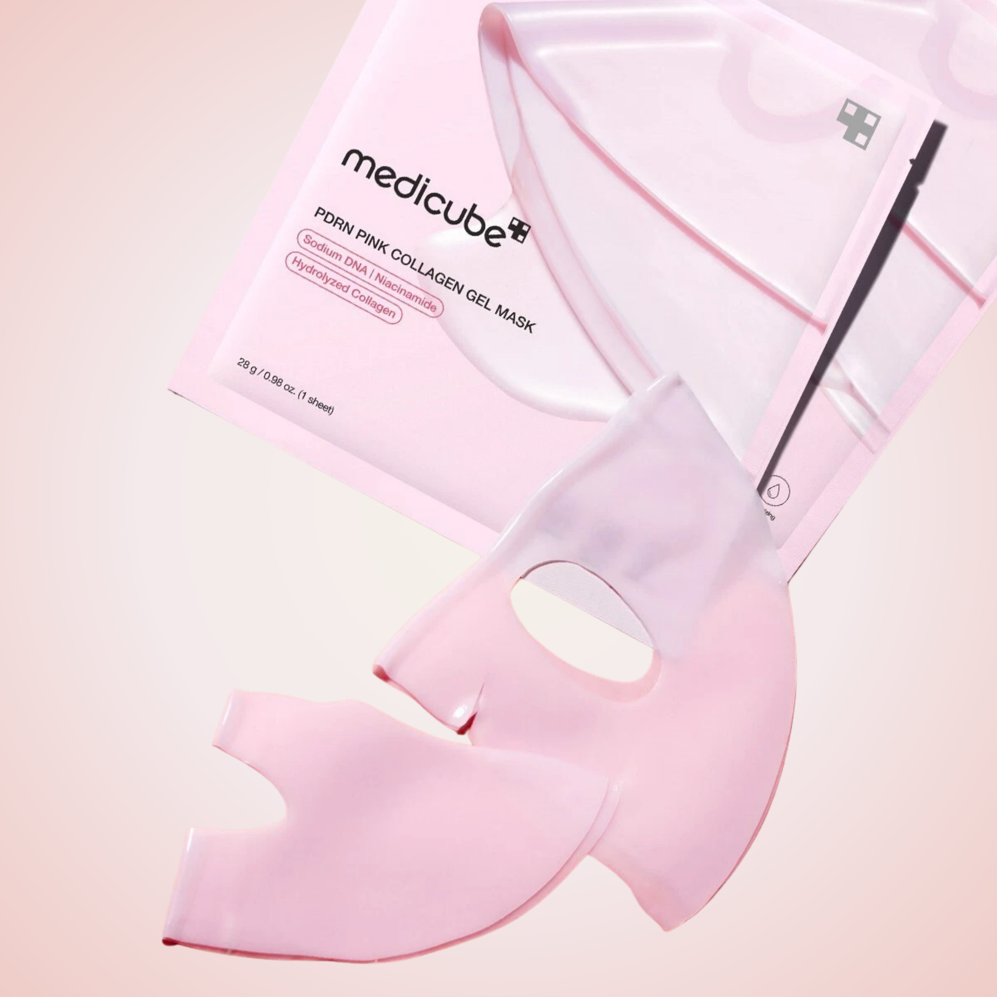 Medicube PDRN Pink Collagen Gel Mask partially removed from pouch – gel-type mask infused with collagen essence.