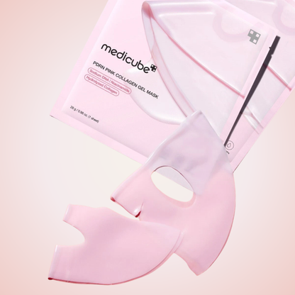 Medicube PDRN Pink Collagen Gel Mask partially removed from pouch – gel-type mask infused with collagen essence.