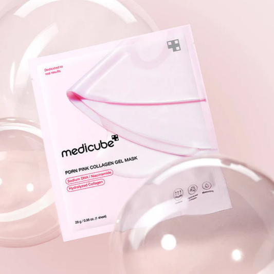 Medicube PDRN Pink Collagen Gel Mask styled with bubbles – intensive hydrating and firming mask.