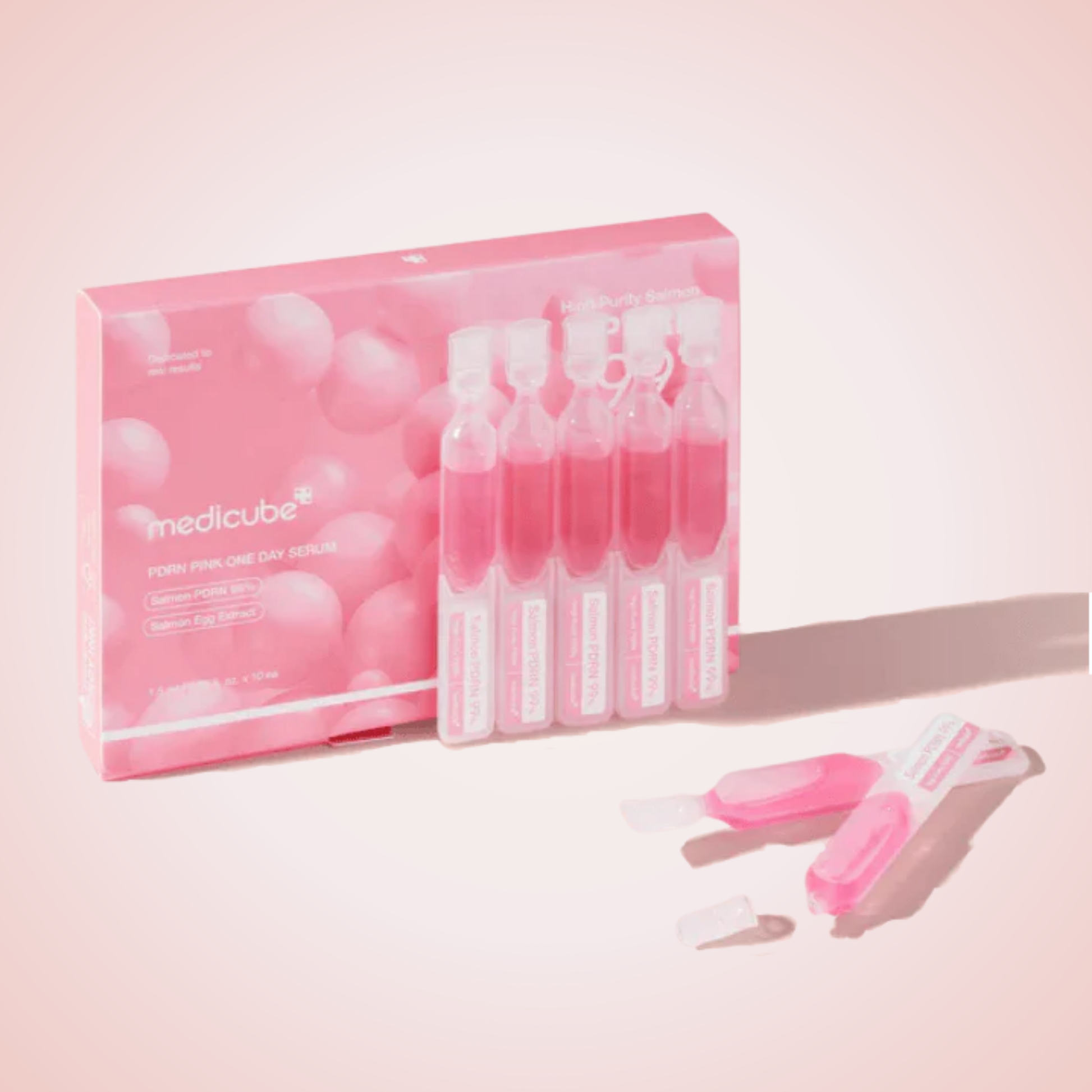 Stacked Medicube PDRN Pink One Day Serum ampoules – anti-aging, brightening, and firming formula