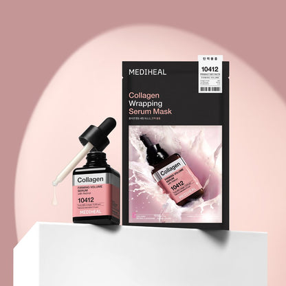 MEDIHEAL Collagen Wrapping Serum Mask 25ml x 10ea — mask box and sachet beside a serum bottle.