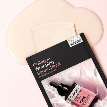 MEDIHEAL Collagen Wrapping Serum Mask 25ml x 10ea — mask sachet beside a serum swatch.