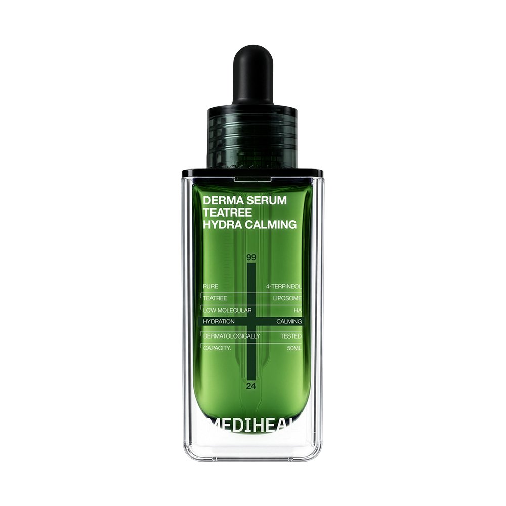 MEDIHEAL Derma Serum TEATREE Hydra Calming 50ml — green teatree serum bottle.