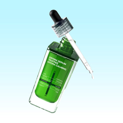 MEDIHEAL Derma Serum TEATREE Hydra Calming 50ml — serum bottle beside an open dropper.