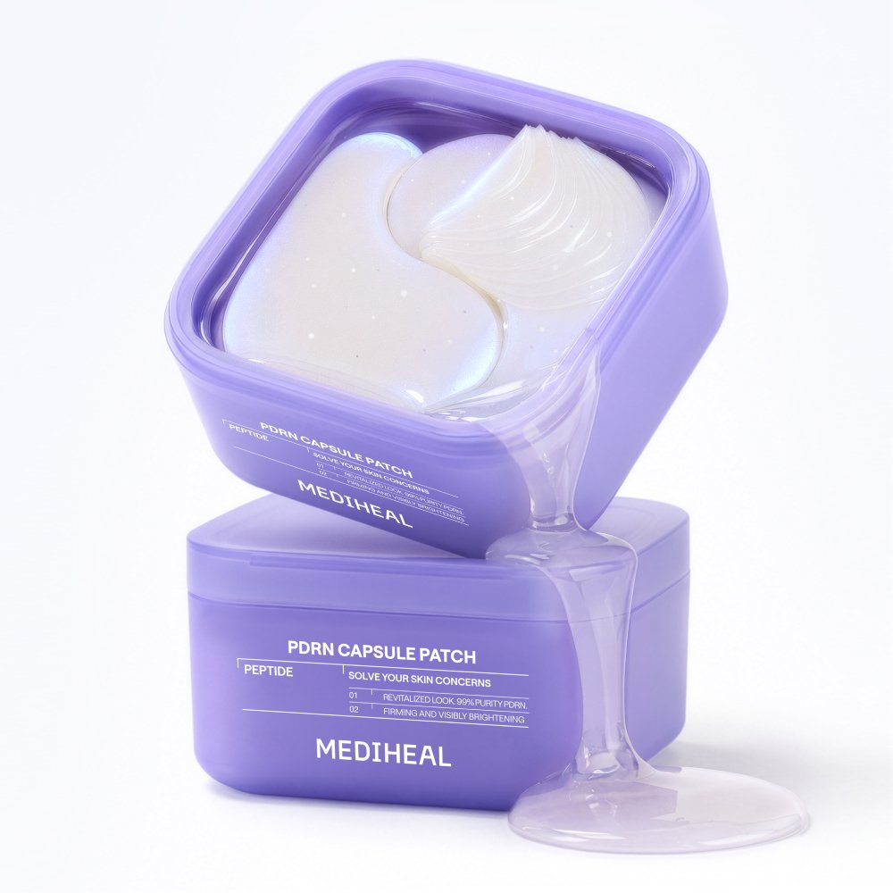 MEDIHEAL PDRN Capsule Patch 103g/60ea — stacked purple containers with hydrogel patches.