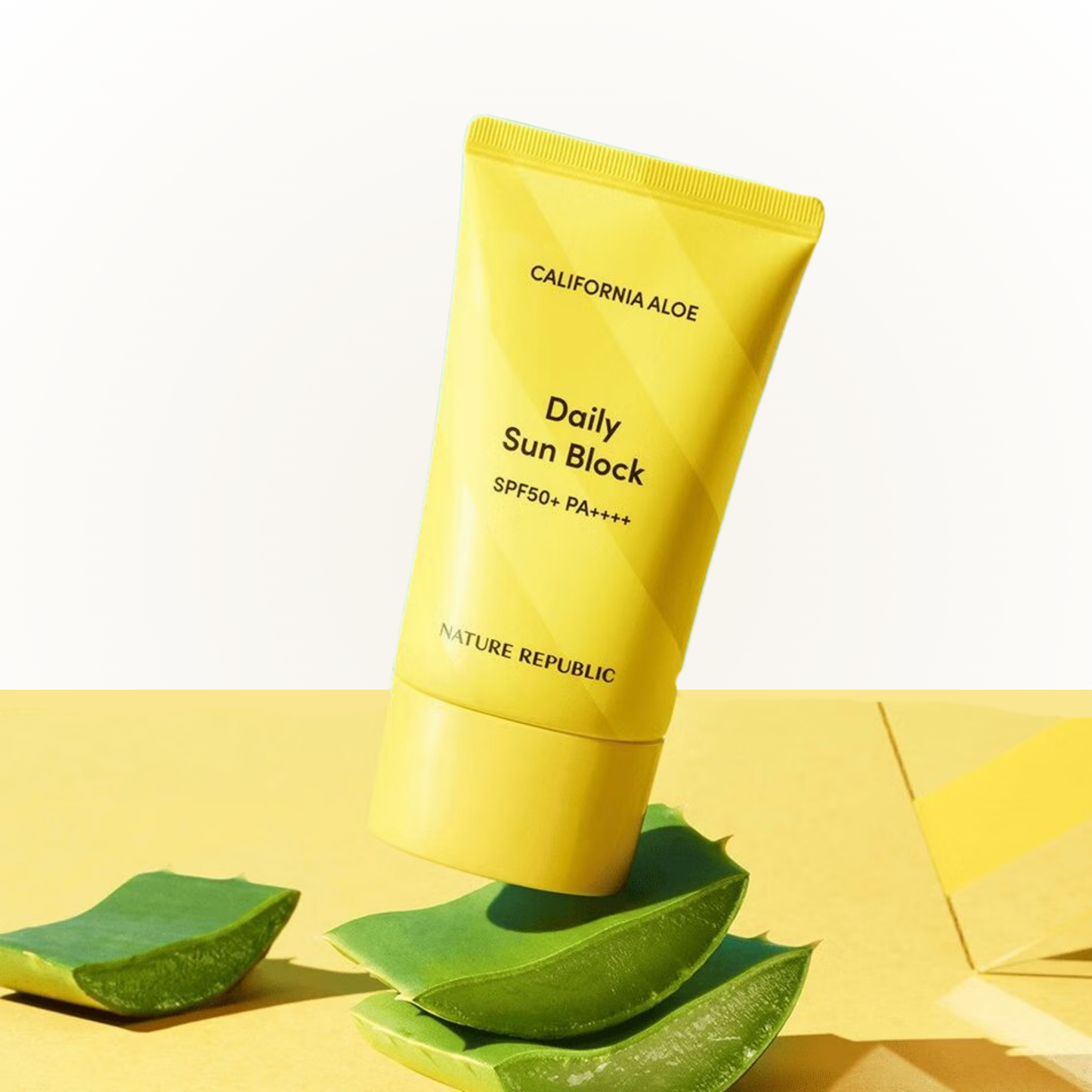 NATURE REPUBLIC California Aloe Daily Sun Block – broad spectrum SPF50+ PA++++ with natural soothing care.
