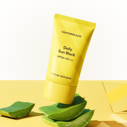NATURE REPUBLIC California Aloe Daily Sun Block – broad spectrum SPF50+ PA++++ with natural soothing care.