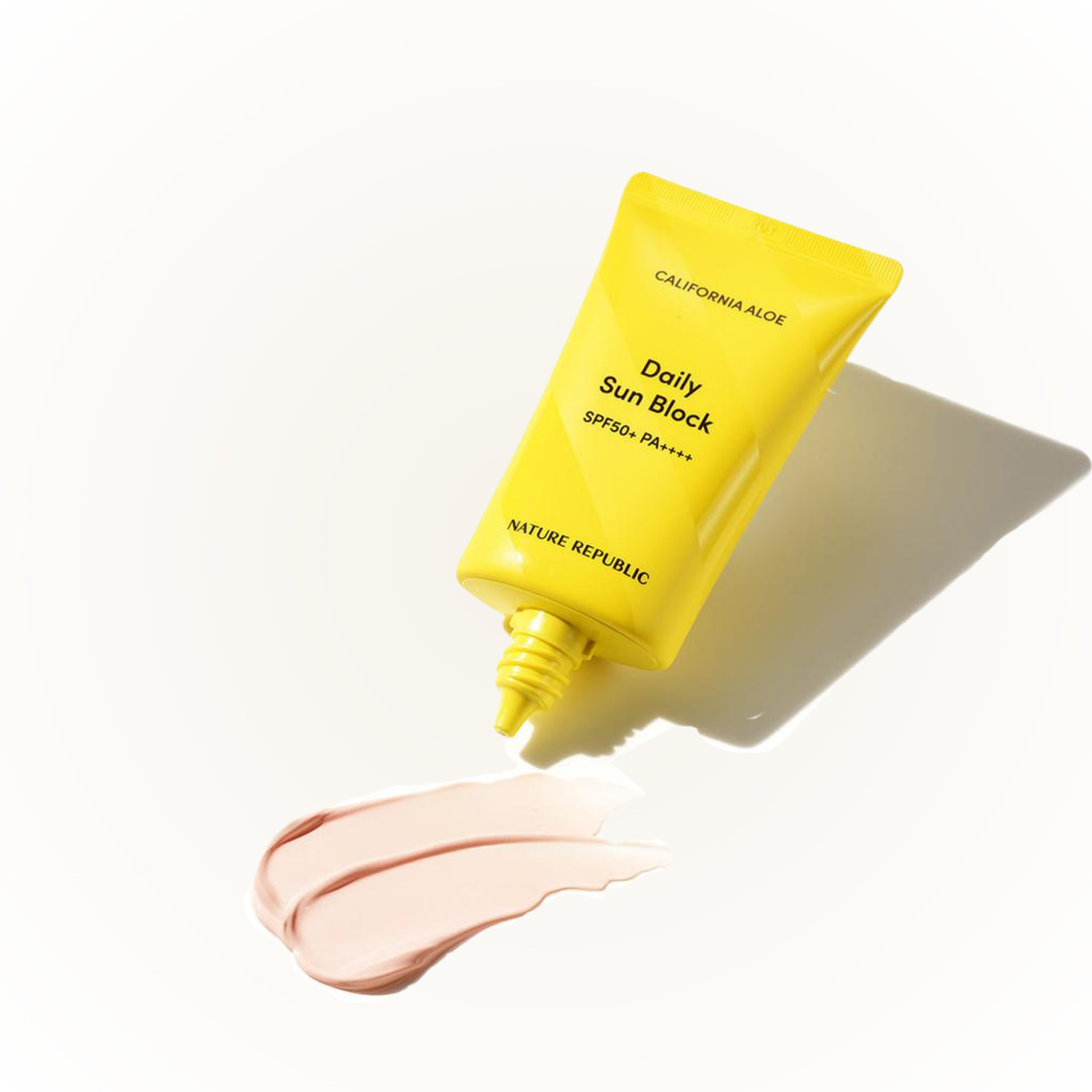 NATURE REPUBLIC Aloe Daily Sun Block SPF50+ PA++++ – creamy sunscreen texture for everyday protection.