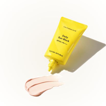 NATURE REPUBLIC Aloe Daily Sun Block SPF50+ PA++++ – creamy sunscreen texture for everyday protection.