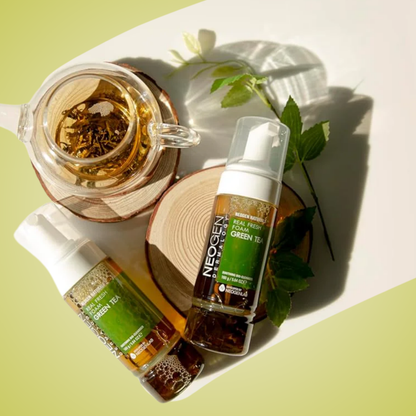 NEOGEN Real Fresh Foam Cleanser Green Tea lifestyle shot with tea pot and leaves – antioxidant cleansing foam