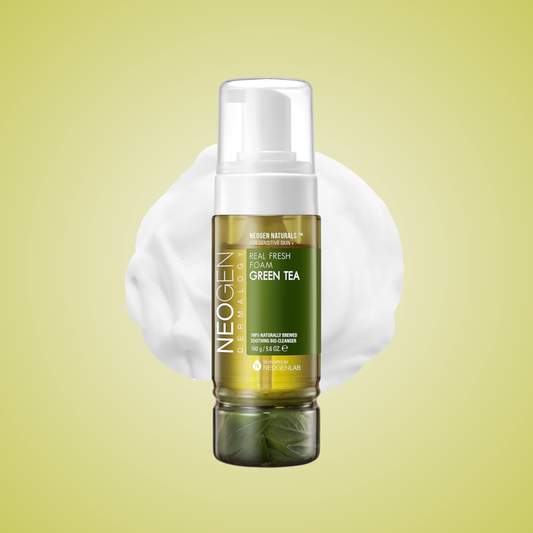 NEOGEN Dermalogy Real Fresh Foam Cleanser Green Tea bottle with soft foam texture for gentle cleansing