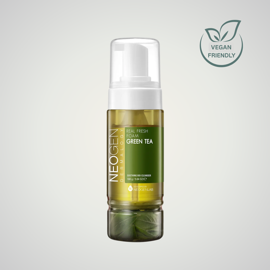 NEOGEN Dermalogy Real Fresh Foam Cleanser Green Tea 160 g – vegan friendly daily cleanser with real green tea leaves for refreshed skin