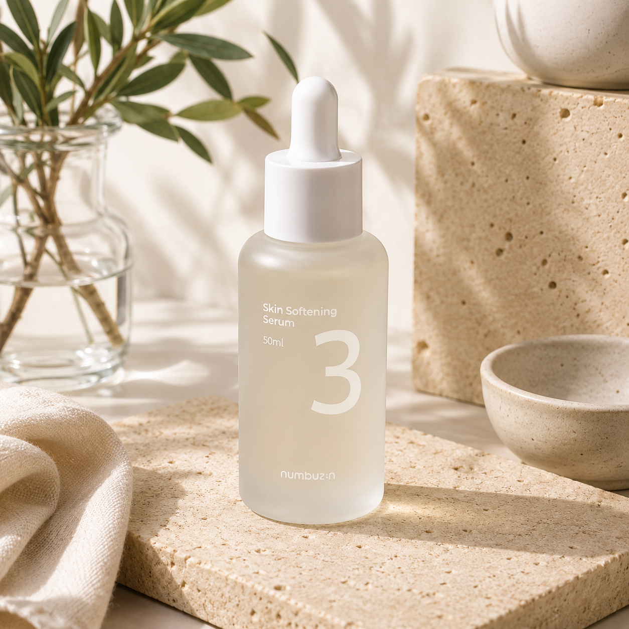 Numbuzin No.3 Skin Softening Serum 50ml displayed on warm travertine with soft morning sunlight in a premium Korean skincare hero photo.