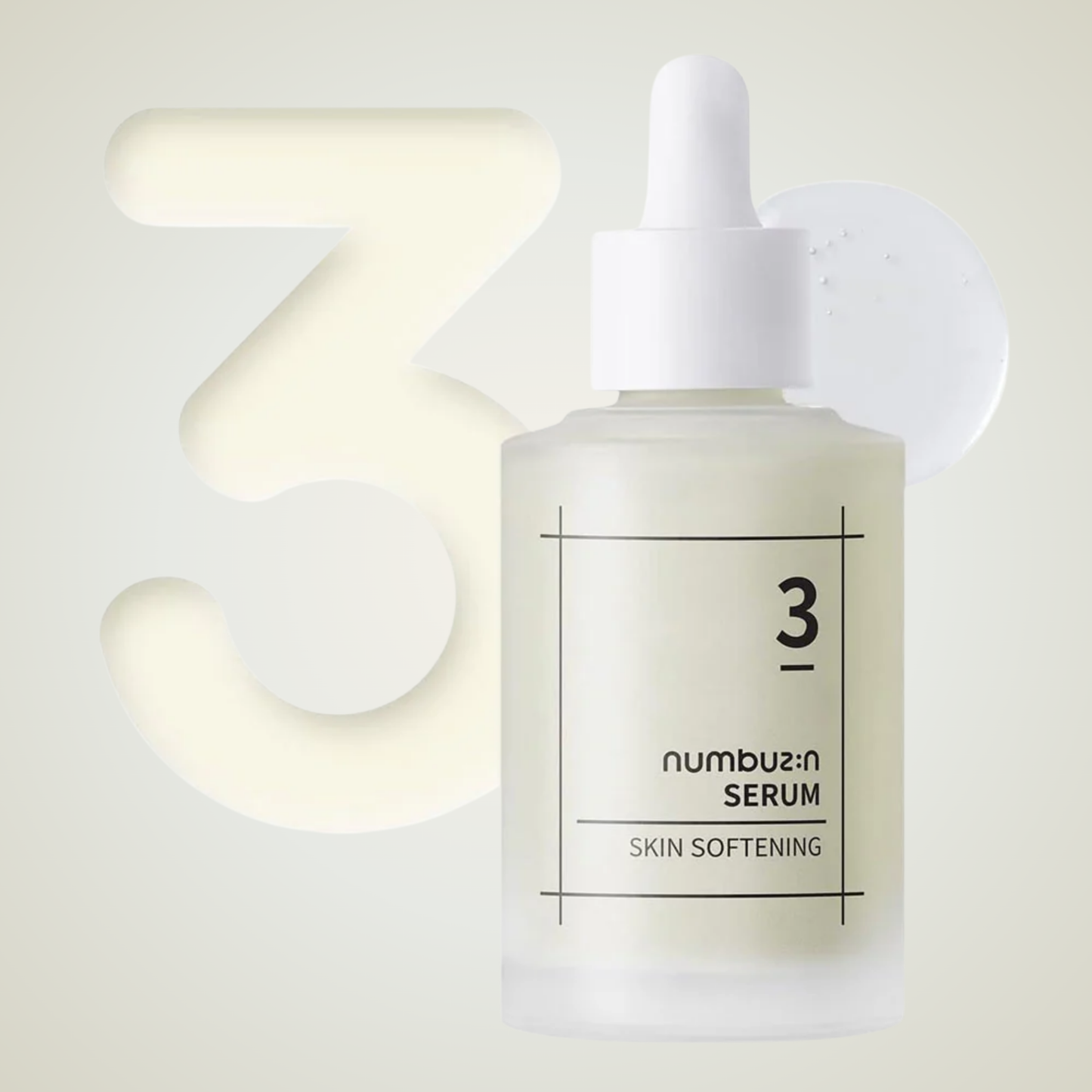 Flatlay of Numbuzin No.3 Skin Softening Serum with creamy translucent texture – nourishing skin treatment