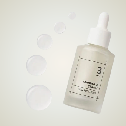 Numbuzin No.3 Skin Softening Serum with serum droplets – boosts skin texture and glow