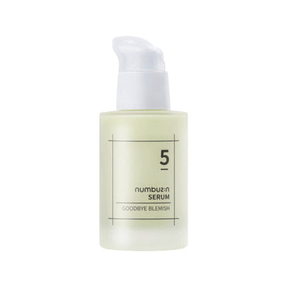 Close-up of numbuzin No.5 Goodbye Blemish Serum 50ml highlighting lightweight serum texture and brightening Korean skincare formula for blemishes and uneven skin tone.