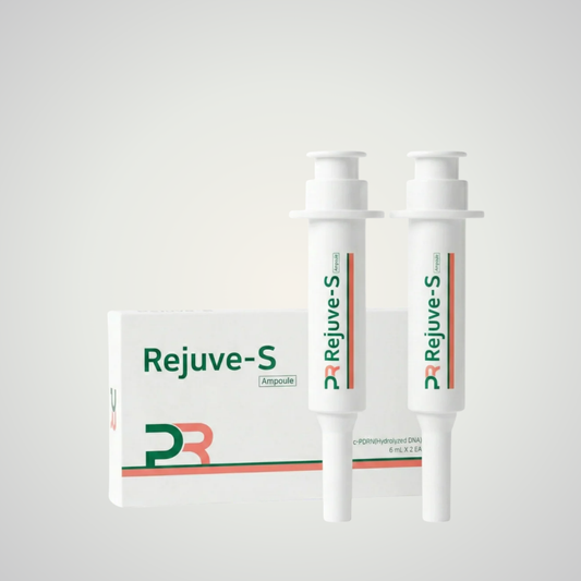 Two white Rejuve-S ampoules standing upright next to their white packaging box, featuring green and orange branding on a light gray background.