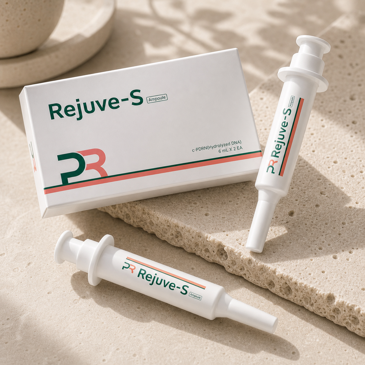 PharmaResearch Rejuve-S Ampoule 6ml x 2ea styled on warm travertine stone with two ampoule applicators.