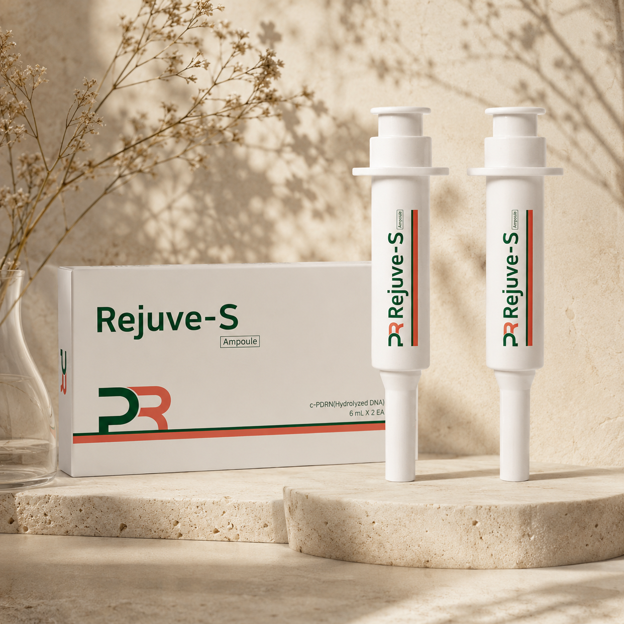 PharmaResearch Rejuve-S Ampoule editorial hero product photo featuring the original Rejuve-S box and dual ampoules on warm beige travertine stone with soft morning sunlight, delicate botanical shadows, and a minimalist luxury Korean skincare aesthetic.