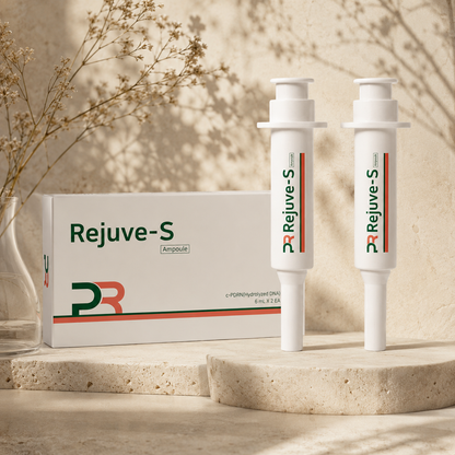 PharmaResearch Rejuve-S Ampoule editorial hero product photo featuring the original Rejuve-S box and dual ampoules on warm beige travertine stone with soft morning sunlight, delicate botanical shadows, and a minimalist luxury Korean skincare aesthetic.