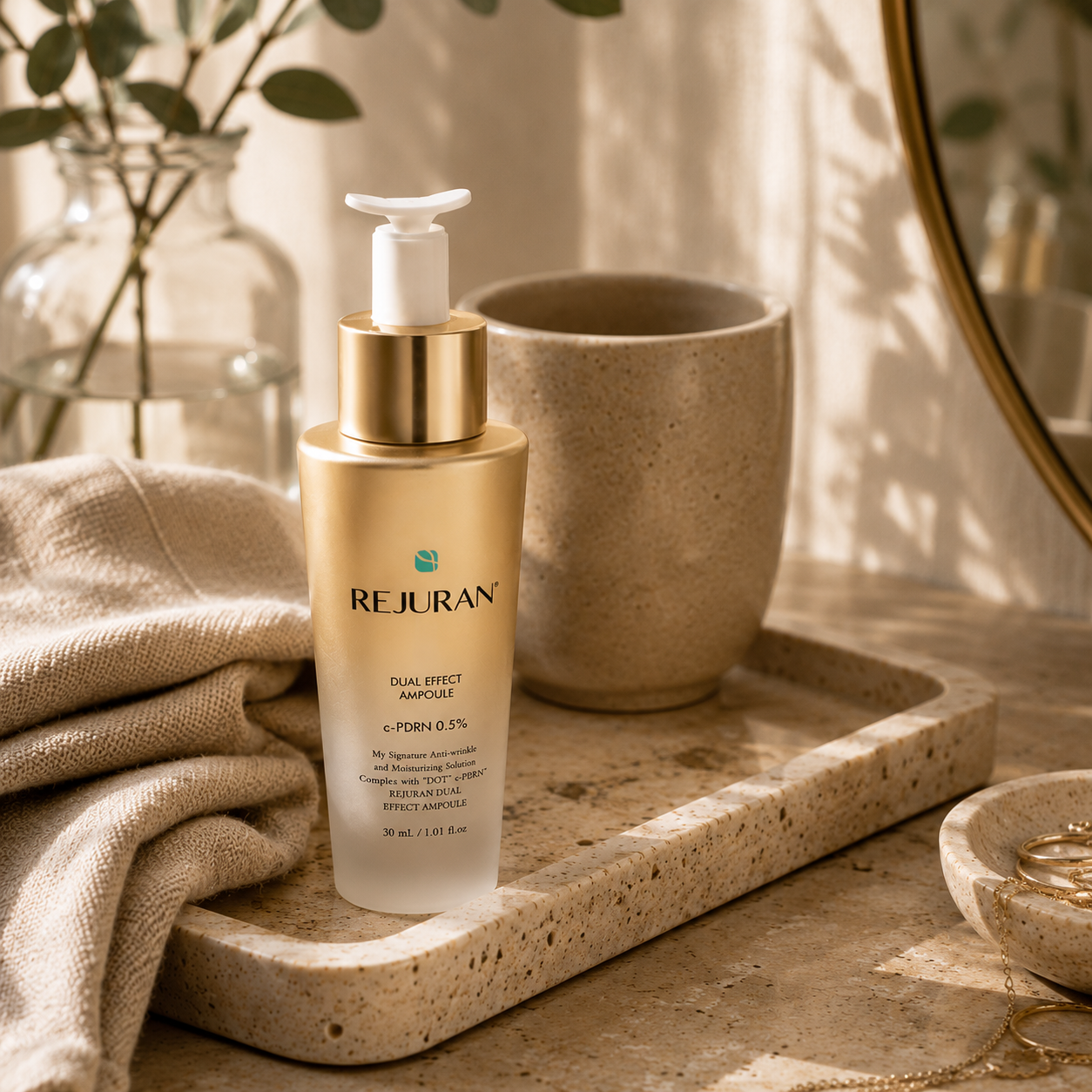 REJURAN Healer Turnover Ampoule Dual Effect PDRN 30ml styled on a warm travertine vanity with soft natural light, beige linen, and eucalyptus in a premium spa-inspired editorial scene.