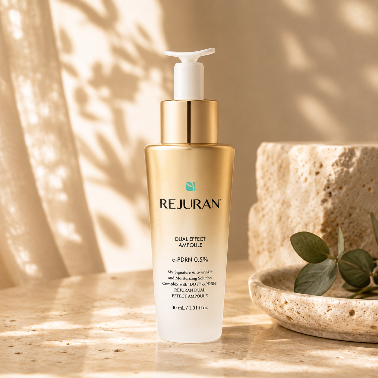 REJURAN Healer Turnover Ampoule Dual Effect PDRN 30ml on warm ivory travertine with soft morning sunlight in a luxury Korean skincare editorial hero photograph.