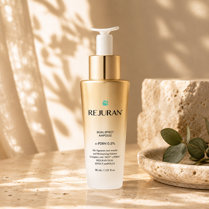 REJURAN Healer Turnover Ampoule Dual Effect PDRN 30ml on warm ivory travertine with soft morning sunlight in a luxury Korean skincare editorial hero photograph.