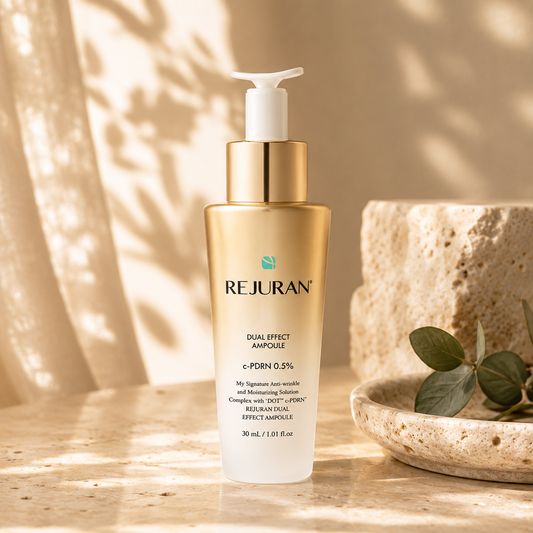 REJURAN Healer Turnover Ampoule Dual Effect PDRN 30ml on warm ivory travertine with soft morning sunlight in a luxury Korean skincare editorial hero photograph.