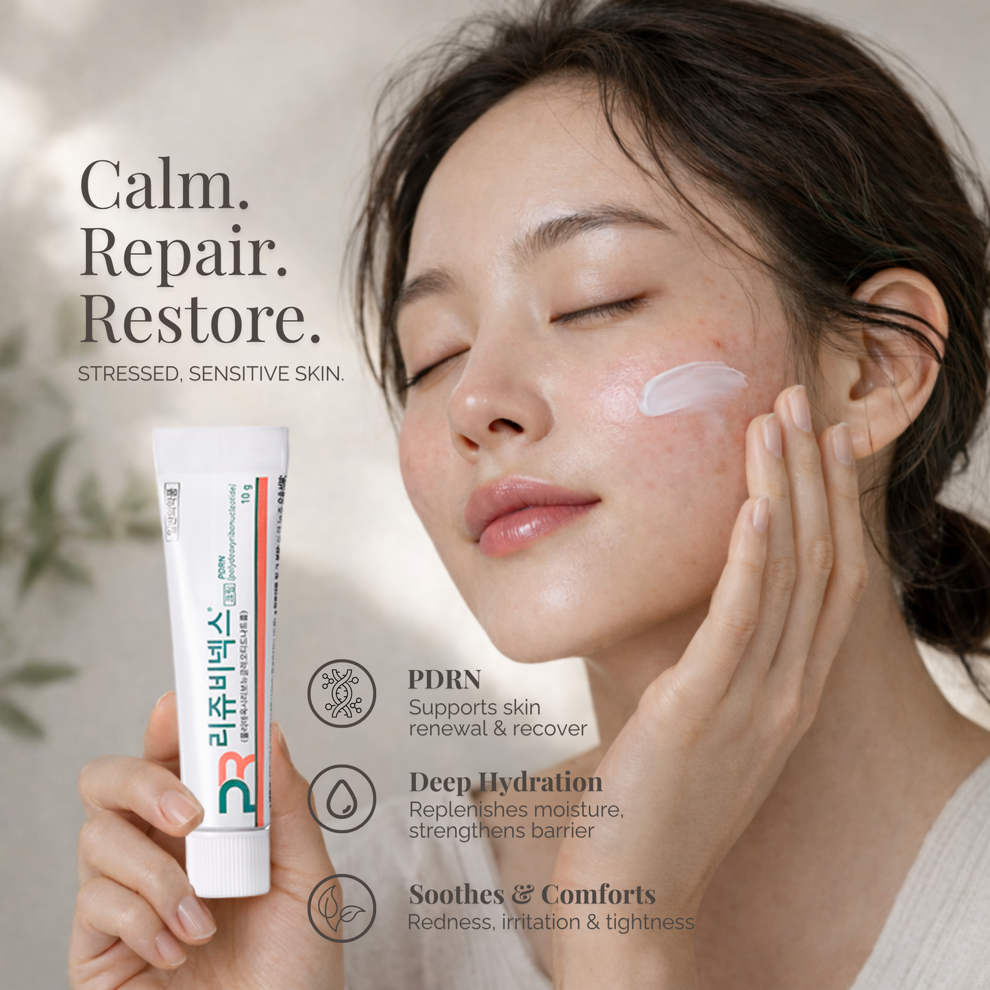 Woman applying Rejuvenex PDRN cream on sensitive, redness-prone skin for barrier repair and hydration