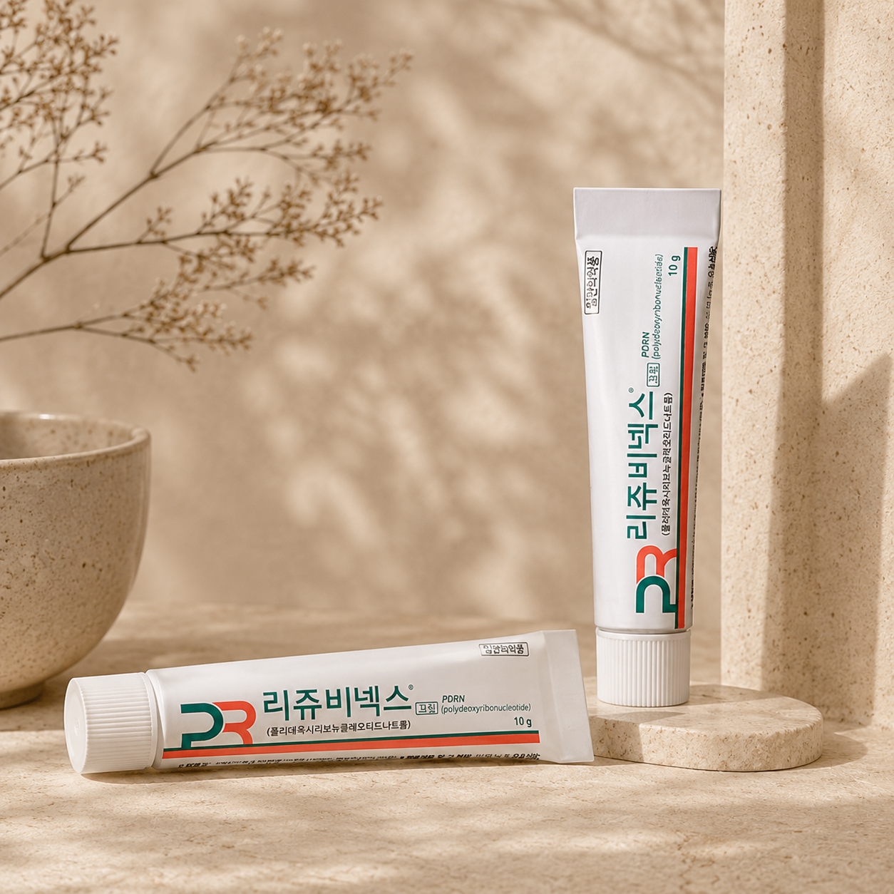 Rejuvenex PDRN Skin Repair Cream 10g in an editorial skincare scene, displayed on warm beige travertine stone with soft morning sunlight, delicate botanical shadows, and a minimalist Korean skincare aesthetic.