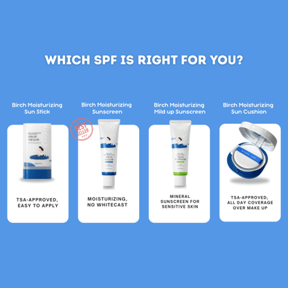 Comparison of Round Lab Birch Juice sun care range – includes sun cushion, stick, and sunscreen variants