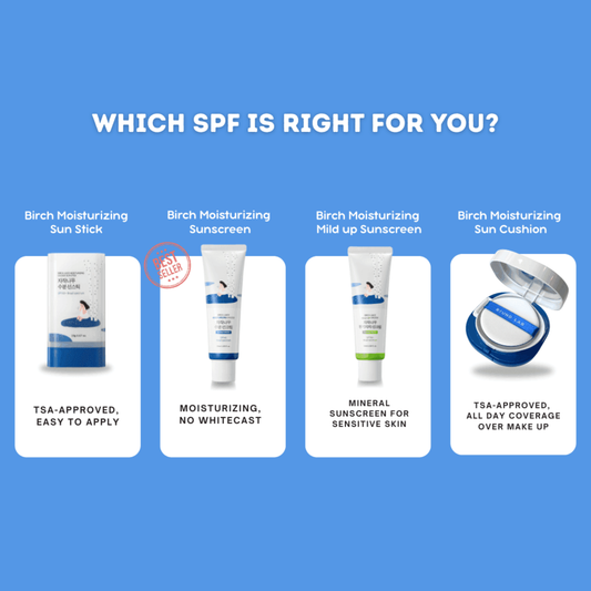 Comparison of Round Lab Birch Juice sun care range – includes sun cushion, stick, and sunscreen variants