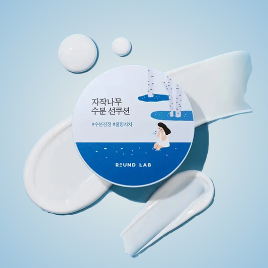 Round Lab Birch Juice Moisturizing UV Lock Sun Cushion with creamy sunscreen texture – hydrating and soothing formula
