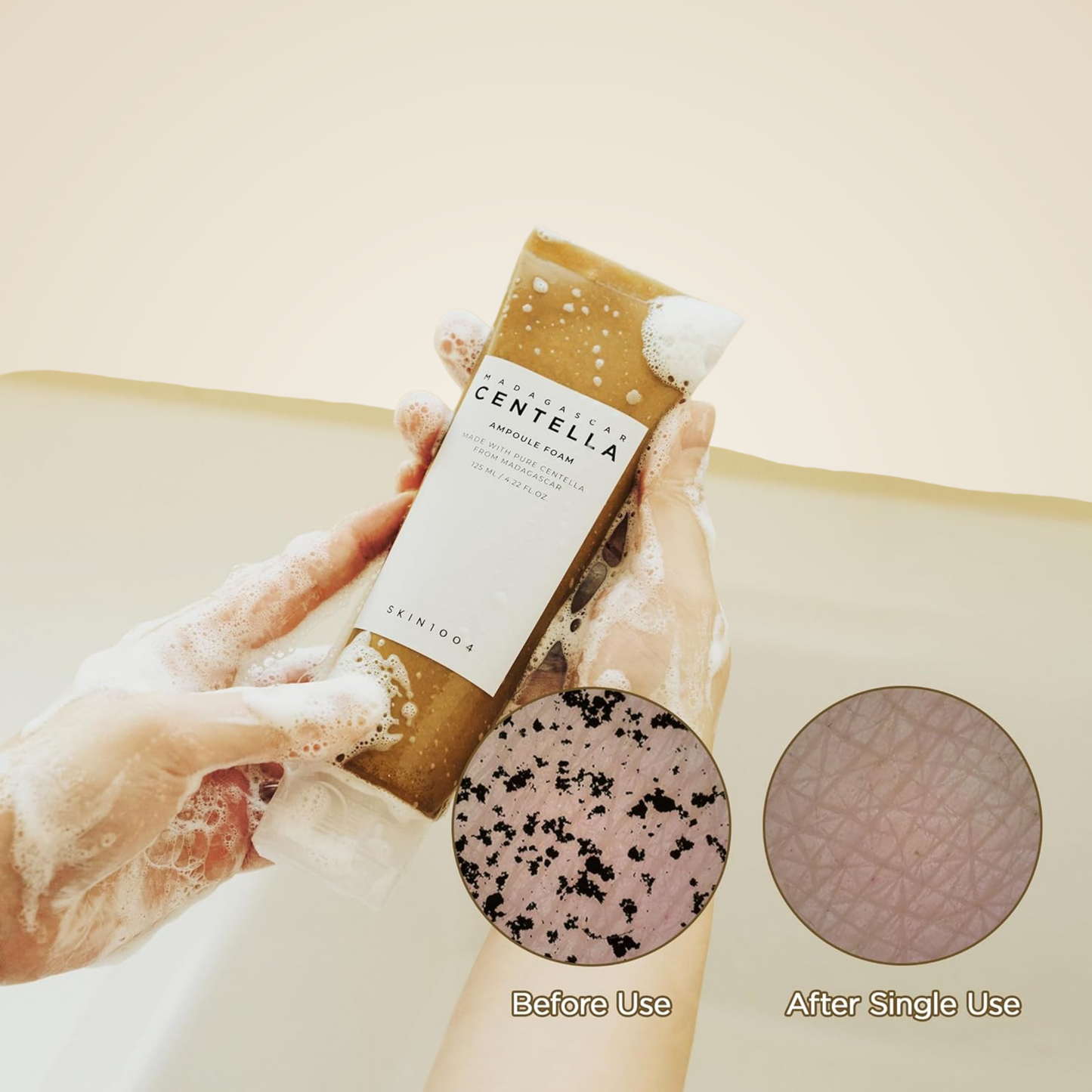 SKIN1004 Madagascar Centella Ampoule Foam – skin-friendly foam cleanser showing before and after texture results.