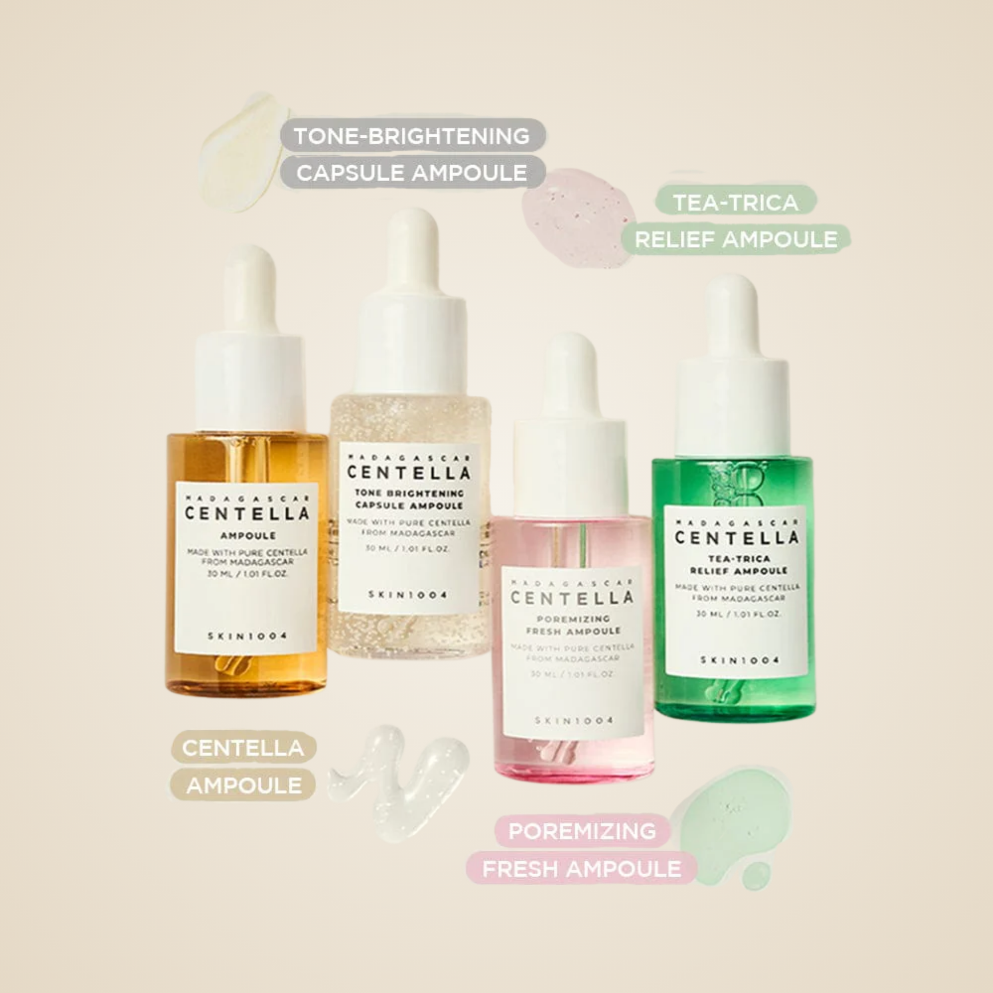 SKIN1004 Ampoule Kit with Centella Ampoule, Tone Brightening, Poremizing Fresh, and Tea-Trica Relief Ampoules.