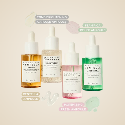 SKIN1004 Ampoule Kit with Centella Ampoule, Tone Brightening, Poremizing Fresh, and Tea-Trica Relief Ampoules.