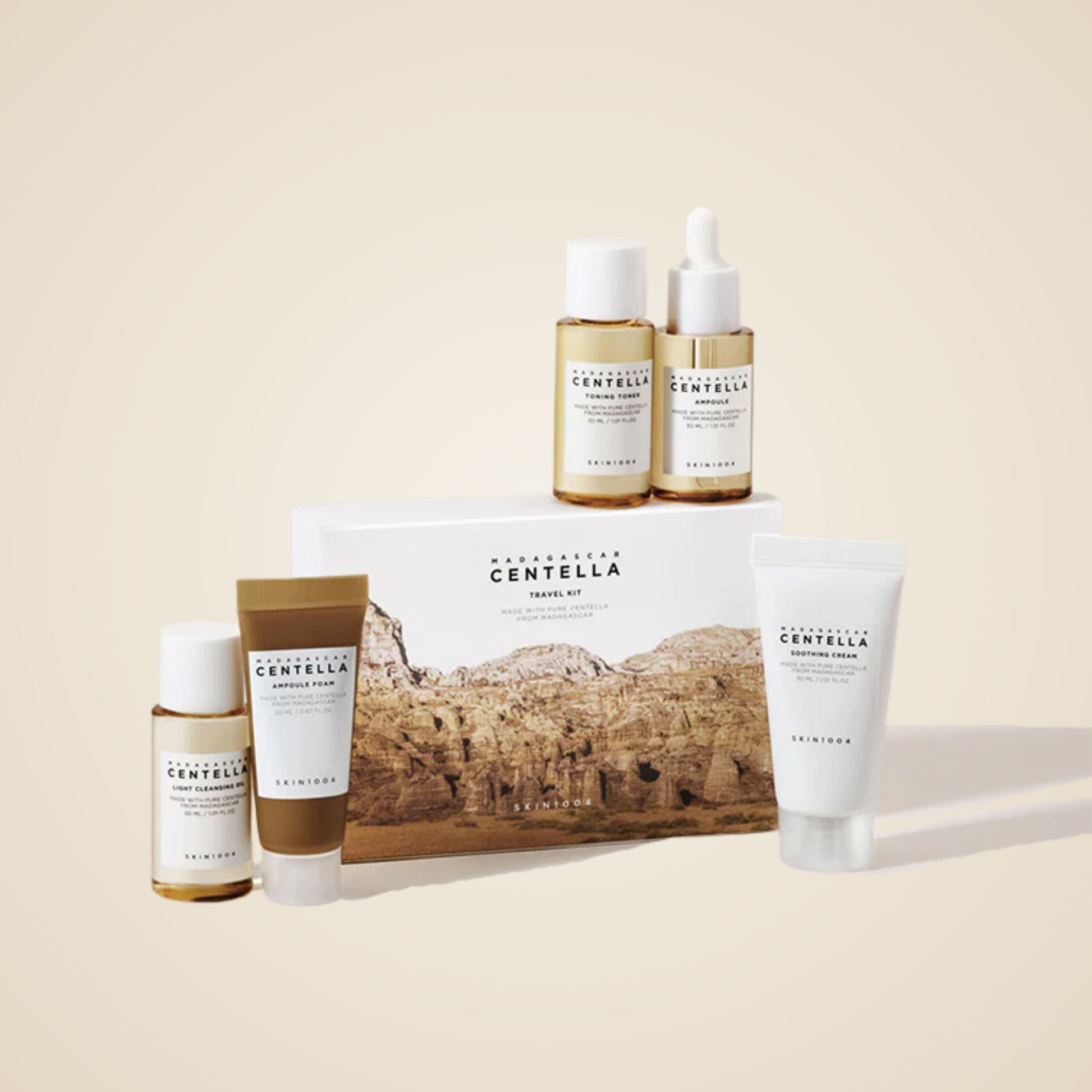 SKIN1004 Madagascar Centella Travel Kit – cleanser, toner, ampoule, cream, and foam in travel sizes.