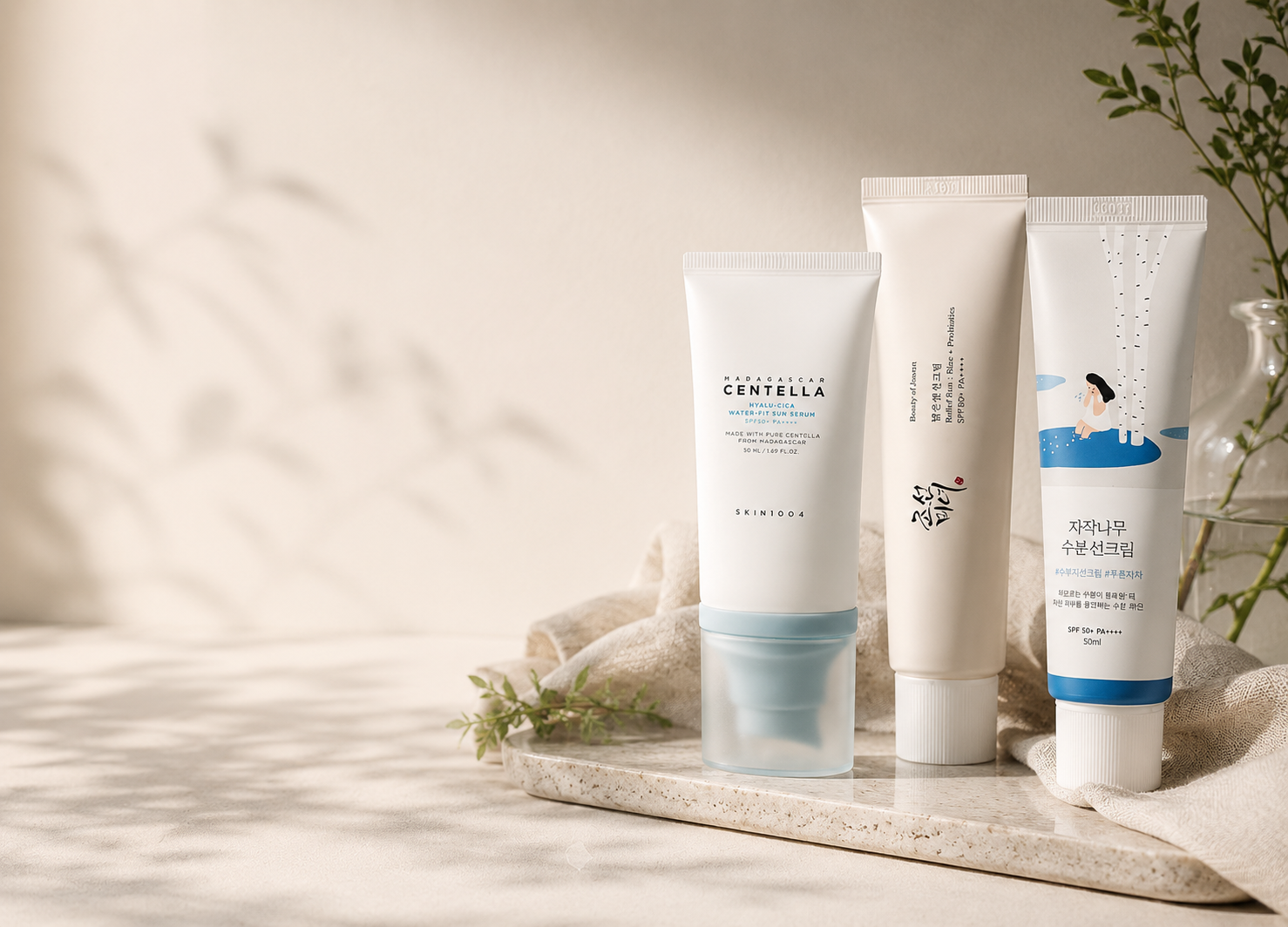 Premium Korean sunscreen collection featuring lightweight SPF products and hydrating skincare for sensitive skin.