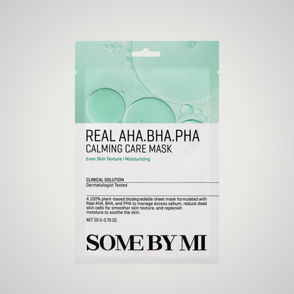 SOME BY MI Real AHA BHA PHA Calming Care Mask – exfoliating and soothing sheet mask.