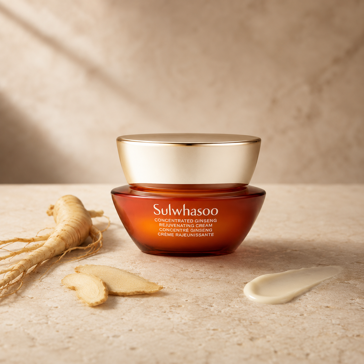 Sulwhasoo Concentrated Ginseng Rejuvenating Cream displayed with ginseng root and cream texture on warm travertine, highlighting its ginseng skincare formula.