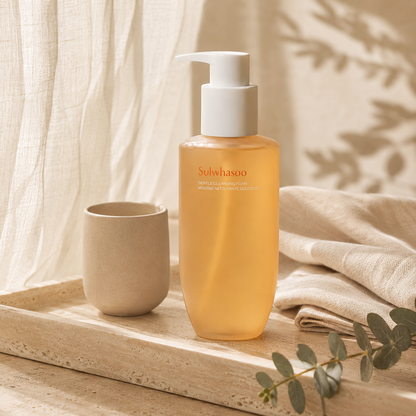 Sulwhasoo Gentle Cleansing Foam 200ml styled on a travertine tray with folded beige linen, ceramic cup, and eucalyptus in a premium Korean skincare lifestyle scene.