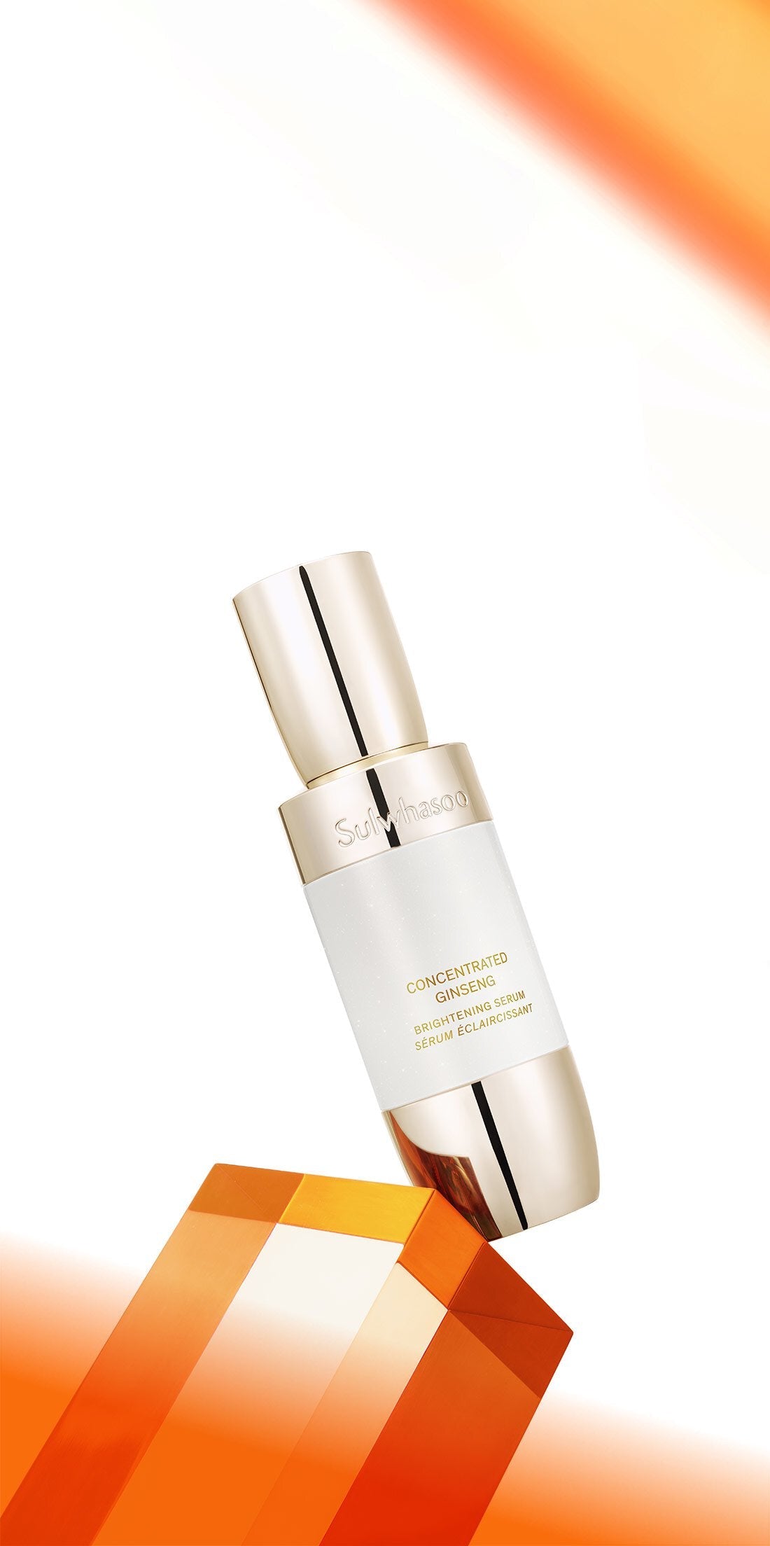 Sulwhasoo Concentrated Ginseng Brightening Serum shown at an angle, highlighting luxury Korean skincare design