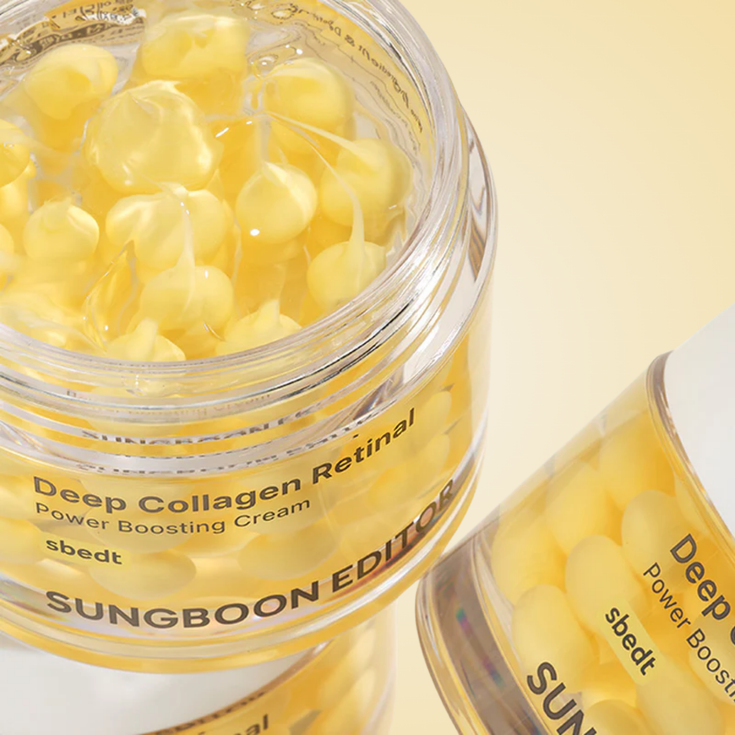 Close-up of collagen capsules in SUNGBOON EDITOR Deep Collagen Retinol Cream – encapsulated freshness and potency