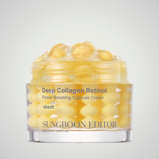 Open jar of yellow collagen retinol capsule cream from Korean brand SUNGBOON EDITOR – anti-aging K-beauty moisturizer.