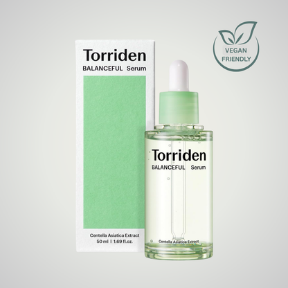Torriden Balanceful Cica Calming Serum 50ml with centella extract bottle, green box packaging, and vegan-friendly icon