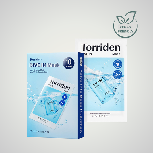 Torriden DIVE-IN Low Molecule Hyaluronic Acid Mask Sheet 10ea box with individual sheet masks and vegan-friendly icon